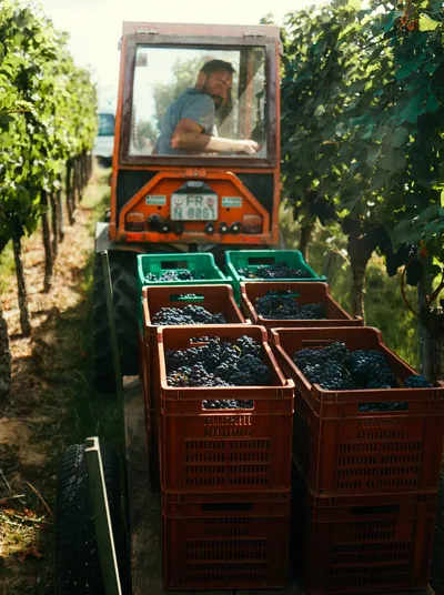 Tractor with red harvest crates driving between the vine rows