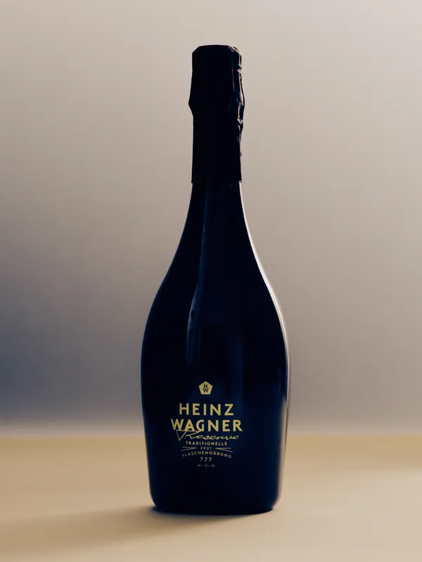 Bottle of Heinz Wagner Chardonnay Reserve against a light background