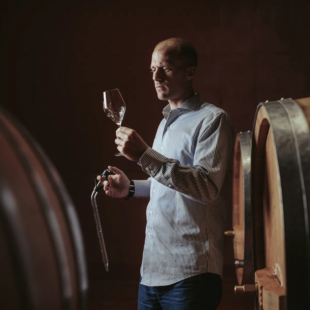 Winemaker tasting a glass between wooden barrels